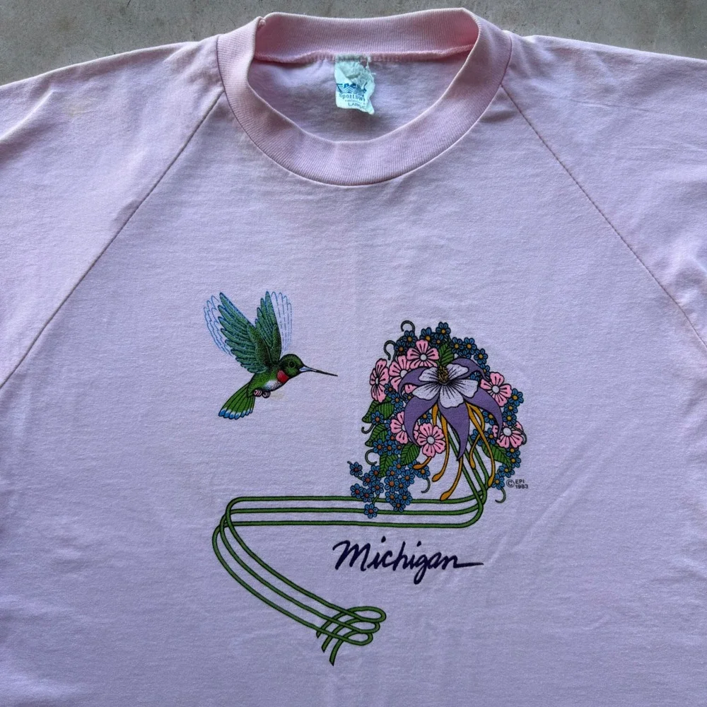 Vintage 1983 Michigan Hummingbird T Shirt Pink Raglan Sporty Large Single Stitch
